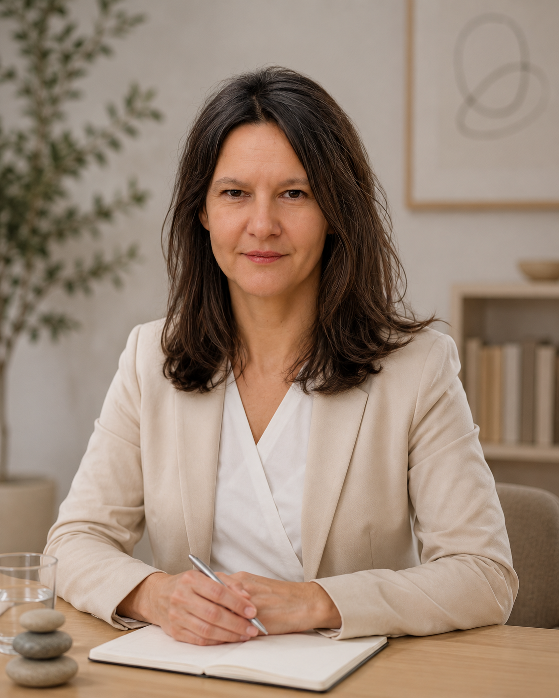 Laura Demori, Mediatorin, sitzt am Tisch mit Notizbuch