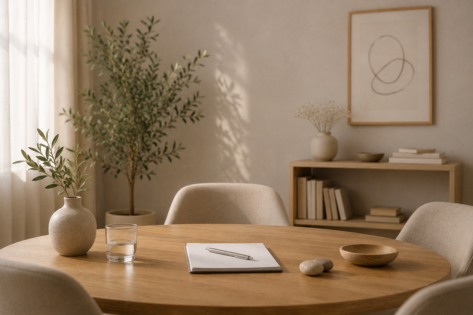 Runder Holztisch mit Notizbuch und Olivenbaum — Mediationsraum